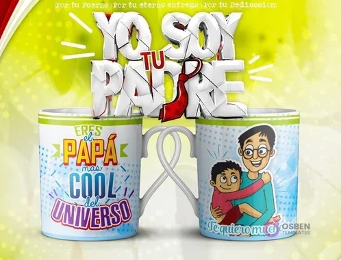 Mockup de dos tazas blancas unidas por el asa con diseños para papá. La taza izquierda dice 'Eres el Papá más cool del universo' con un fondo de puntos azules y la derecha muestra un padre con su hijo en estilo caricatura y el texto 'Te quiero mucho'. El fondo general es verde y amarillo con el texto 3D 'YO SOY TU PADRE' y una corbata roja.