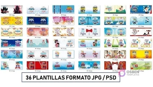 Cuadrícula que exhibe 36 miniaturas de diseños variados para tazas de sublimación, cada una con mensajes y gráficos creativos relacionados con el Día del Padre, incluyendo frases como 'Gracias Papá', 'Mi Rey', 'El Mejor', 'Vintage', y caricaturas. Al pie de la imagen se lee '36 PLANTILLAS FORMATO JPG / PSD'.