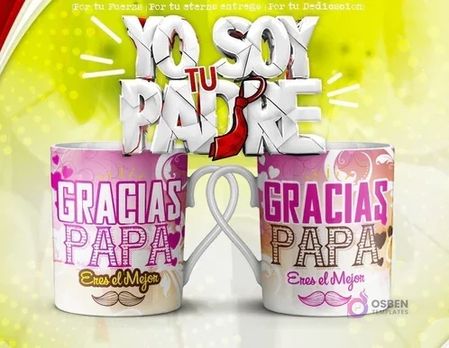 Mockup de dos tazas blancas unidas por el asa con un diseño de fondo rosa y detalles de corazones y bigotes. Ambas tazas muestran el texto 'GRACIAS PAPA Eres el Mejor'. El fondo general es verde y amarillo con el texto 3D 'YO SOY TU PADRE' y una corbata roja.