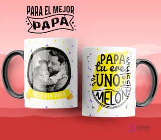 Dos tazas de sublimación con diseños para el Día del Padre: una con foto de papá e hijo y texto 'Feliz Día Papá', otra con frase 'Papá, tú eres uno en un melón' con fondo amarillo y negro.