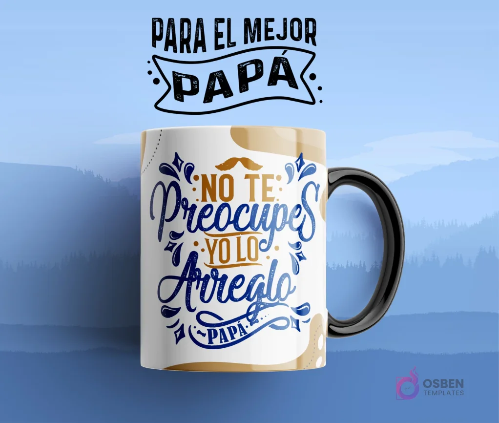 Taza de sublimación con diseño humorístico para papá: 'No te preocupes, yo lo arreglo, Papá' con bigote y fondo beige abstracto, ideal para el Día del Padre.