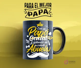 Taza de sublimación con diseño 'Eres un Papá Genial y además un excelente Abuelo', con corona y bigote, en amarillo y blanco sobre fondo azul a cuadros.