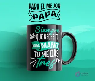 Taza de sublimación con diseño de frase de agradecimiento: 'Siempre que necesito una mano, tú me das tres' en colores mint y blanco sobre un fondo negro.