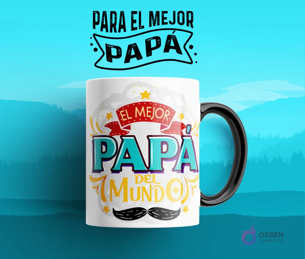 Taza de sublimación con diseño clásico 'EL MEJOR PAPÁ DEL MUNDO' con un bigote en amarillo, azul y blanco sobre un fondo azul claro.