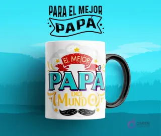 Taza de sublimación con diseño clásico 'EL MEJOR PAPÁ DEL MUNDO' con un bigote en amarillo, azul y blanco sobre un fondo azul claro.