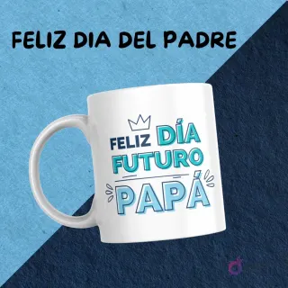 Taza para sublimar con diseño 'Feliz Día Futuro Papá' en tonos azules y turquesas, con corona y burbujas, ideal para padres primerizos.