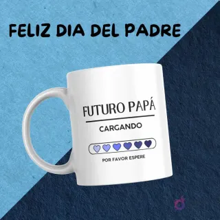 Taza de sublimación para el Día del Padre con diseño 'Futuro Papá Cargando Por favor espere' y barra de progreso con corazones azules.