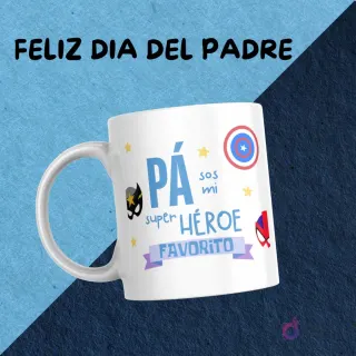 Taza blanca con diseño de sublimación 'Pá sos mi super héroe favorito' con emblemas de superhéroes como Capitán América, Spiderman y Batman.
