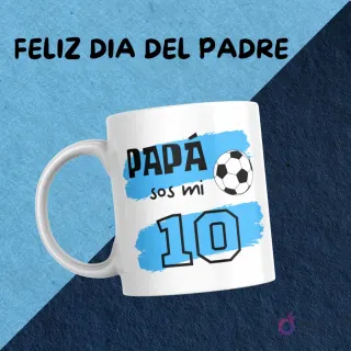 Taza para sublimar con diseño 'Papá sos mi 10' en estilo fútbol, con un balón y pinceladas celestes, ideal para padres futboleros.