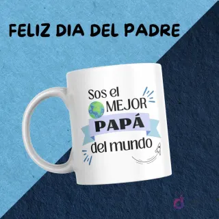 Taza con diseño de sublimación 'Sos el mejor Papá del mundo' con un planeta tierra y un cohete, celebrando a los padres.