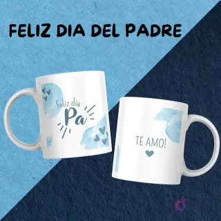 Dos tazas blancas mostrando diseños de sublimación complementarios: una con 'Feliz día Pa' y la otra con 'Te amo!', con motivos de corazones azules claros.