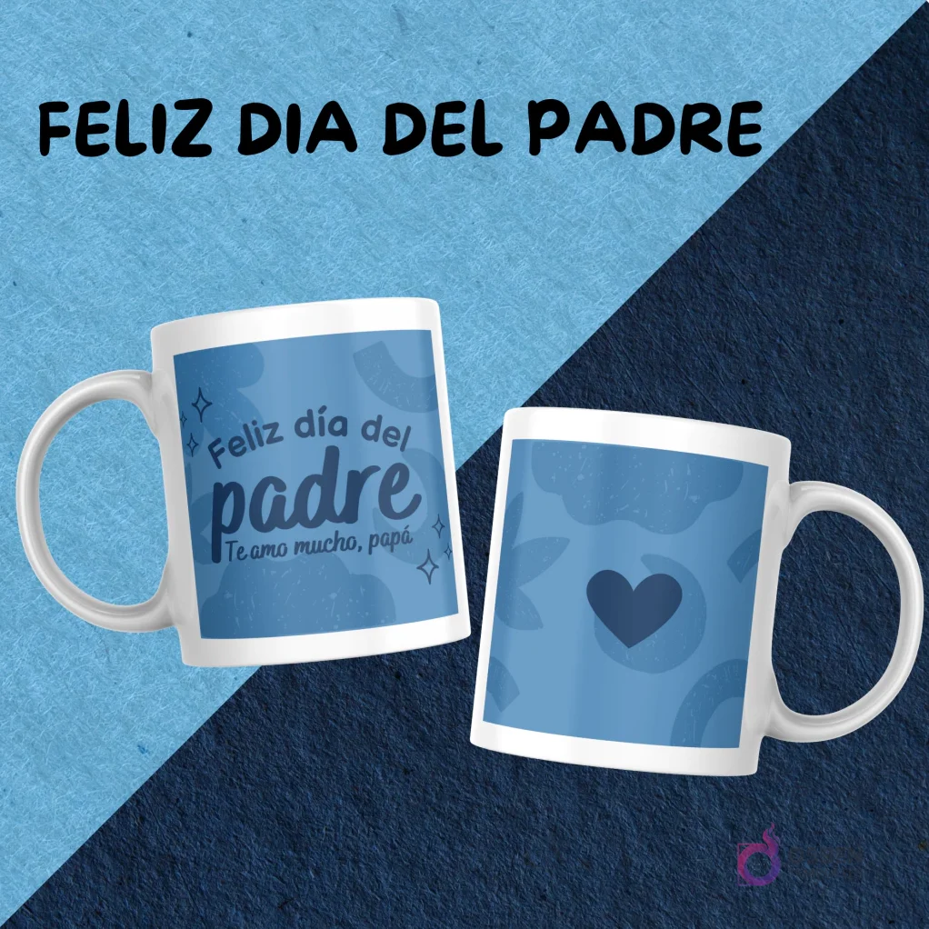 Par de tazas blancas con diseños de sublimación para el Día del Padre: una con 'Feliz día del padre, Te amo mucho, papá' y la otra con un corazón azul sobre fondo de nubes.