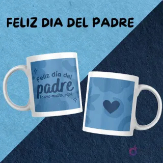 Par de tazas blancas con diseños de sublimación para el Día del Padre: una con 'Feliz día del padre, Te amo mucho, papá' y la otra con un corazón azul sobre fondo de nubes.