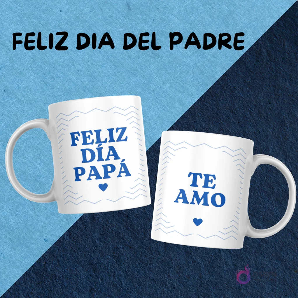 Dos tazas blancas con diseños de sublimación modernos 'Feliz día Papá' y 'Te amo' en azul, con un patrón geométrico de ondas.