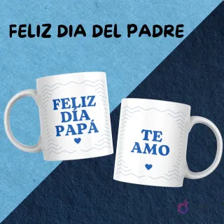 Dos tazas blancas con diseños de sublimación modernos 'Feliz día Papá' y 'Te amo' en azul, con un patrón geométrico de ondas.