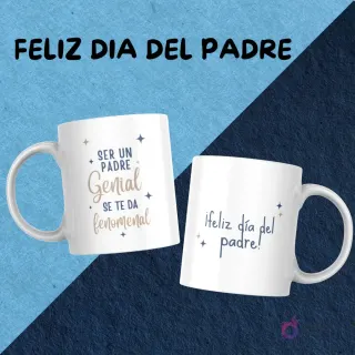 Set de dos tazas para sublimar con mensajes inspiradores: 'Ser un Padre Genial se te da fenomenal' y '¡Feliz día del padre!', con detalles dorados y estrellas.