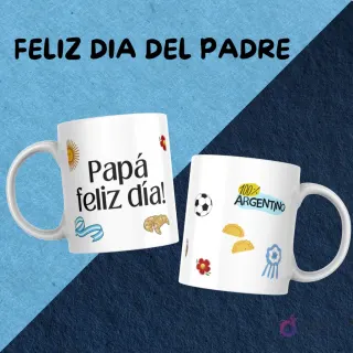 Par de tazas con diseños temáticos de Argentina para el Día del Padre: 'Papá feliz día!' con sol y cintas celestes y '100% Argentino' con empanadas y balón de fútbol.