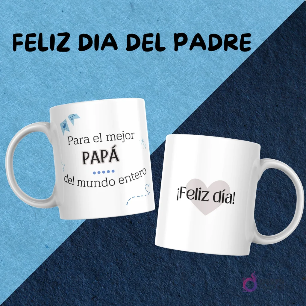 Tazas con diseños elegantes para el Día del Padre: 'Para el mejor Papá del mundo entero' y la otra con '¡Feliz día!' en tono rosa suave.
