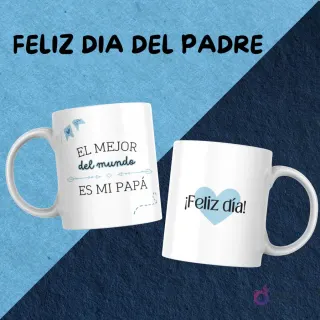 Dos tazas con diseños minimalistas y cariñosos: 'El mejor del mundo es mi Papá' y '¡Feliz día!' en tonos celestes y grises.