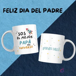 Tazas con temática espacial: 'Sos el mejor Papá del universo' con un cohete y estrellas, y la otra con '¡Feliz día!' rodeado de estrellas.
