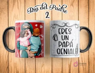 Taza de sublimación Día del Padre con ilustración de padre abrazando a su hijo, fondo rojo con corazones y "Día del Padre 2". El reverso de la taza dice "ERES UN PAPÁ GENIAL" con íconos de cerveza.