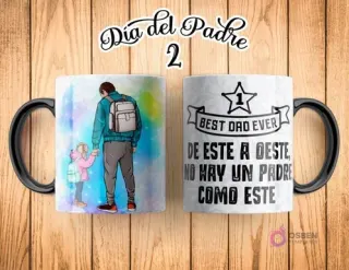 Taza de sublimación Día del Padre con ilustración de padre e hija de la mano con mochilas, fondo con un cielo morado degradado, y "Día del Padre 2". El reverso dice "BEST DAD EVER DE ESTE A OESTE NO HAY UN PADRE COMO ESTE" con una estrella.