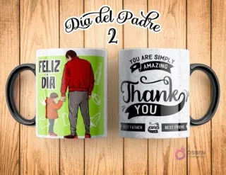 Taza de sublimación Día del Padre con ilustración de padre e hijo de espaldas dándose la mano, sobre un fondo verde con el texto "FELIZ DÍA". El reverso dice "YOU ARE SIMPLY AMAZING THANK YOU BEST FATHER and BEST FRIEND".