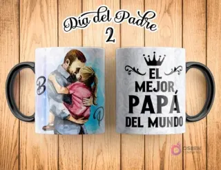 Taza de sublimación Día del Padre con ilustración de padre e hija abrazándose tiernamente, fondo con letras "B" y "P", y "Día del Padre 2". El reverso tiene una corona y texto "EL MEJOR, PAPÁ DEL MUNDO".