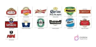 Mosaico de 13 diseños de etiquetas para shoperos de Día del Padre, con nombres como Marco, Ignacio, Carlos, Felipe y marcas como Corona, Heineken, Stella Artois, Kunstmann.