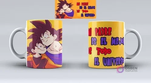 Taza sublimada Día del Padre con diseño Dragon Ball Z de Goku y Gohan, y la frase 'Mi padre es el mejor del universo'.