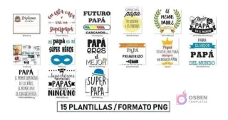 Muestra de 15 plantillas PNG para cojines del Día del Padre, con frases como 'Mi papá es mi superhéroe' y 'Súper Papá'.