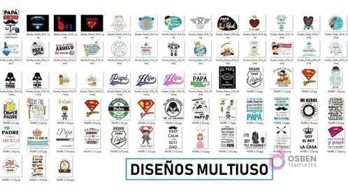 Colección de diseños multiuso en formato PNG para el Día del Padre, ideales para poleras, con frases como 'Mi Héroe' y 'Súper Papá'.