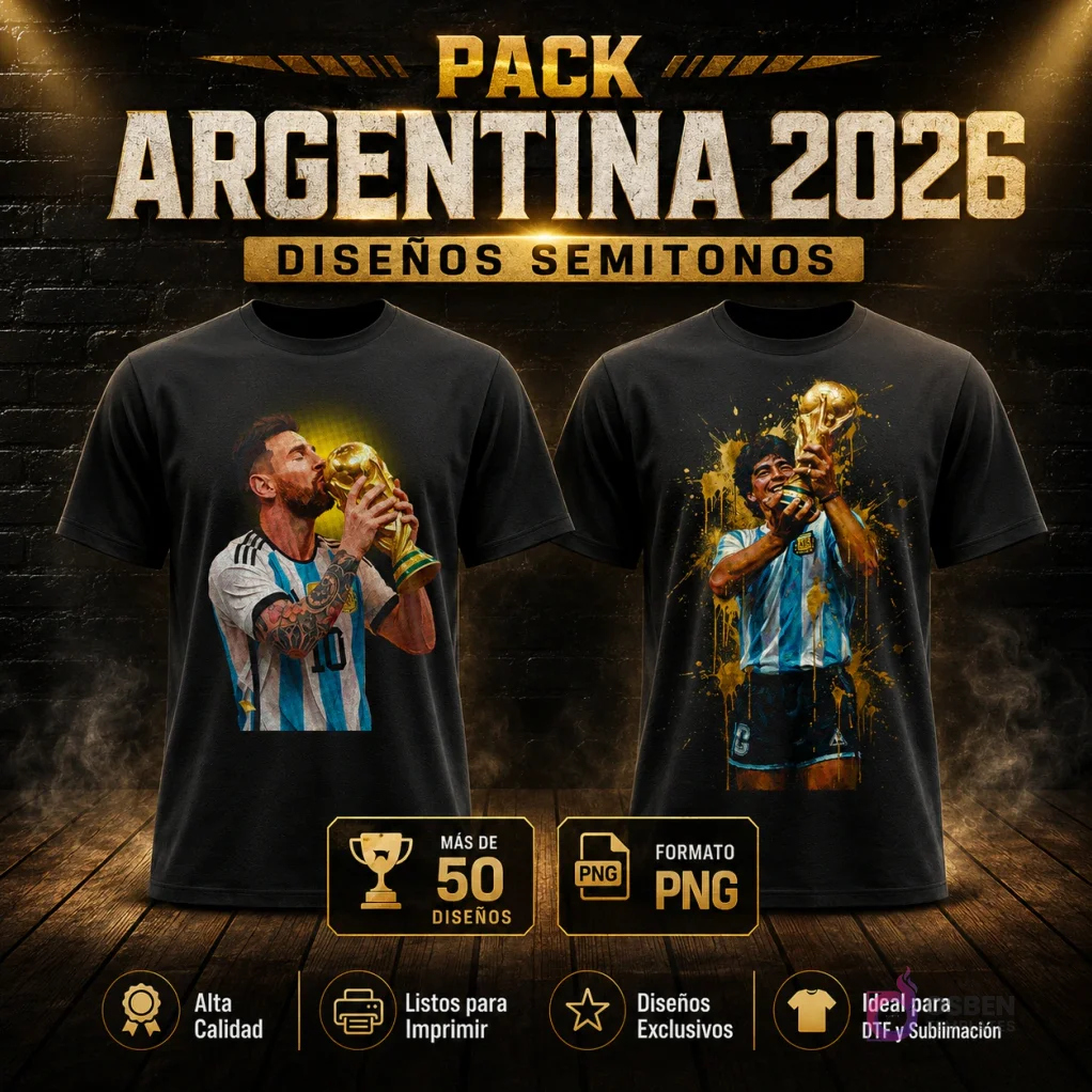 Pack de plantillas para sublimación y DTF en estilo semitonos con ilustraciones de Lionel Messi besando la Copa del Mundo y Diego Maradona levantando el trofeo, ambas impresas en camisetas negras. La imagen promociona 'PACK ARGENTINA 2026 DISEÑOS SEMITONOS', destacando 'Más de 50 diseños', 'Formato PNG', 'Alta Calidad', 'Listos para Imprimir', 'Diseños Exclusivos' e 'Ideal para DTF y Sublimación', sobre un fondo oscuro con textura de ladrillo y madera.