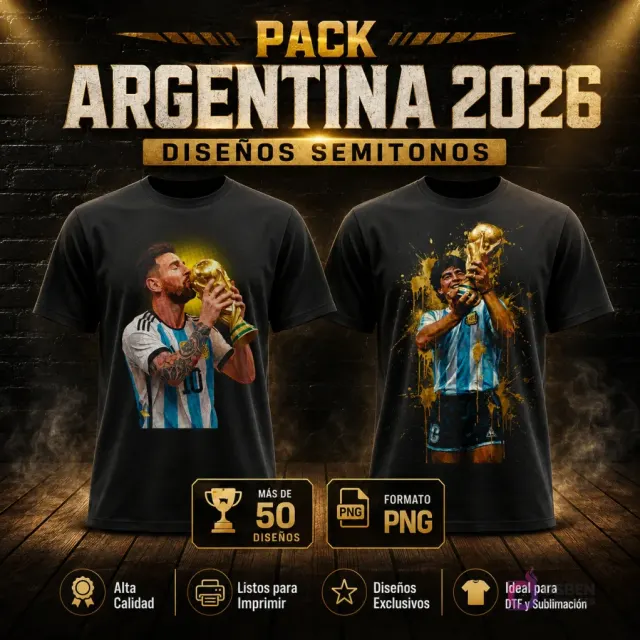 Pack de plantillas para sublimación y DTF en estilo semitonos con ilustraciones de Lionel Messi besando la Copa del Mundo y Diego Maradona levantando el trofeo, ambas impresas en camisetas negras. La imagen promociona 'PACK ARGENTINA 2026 DISEÑOS SEMITONOS', destacando 'Más de 50 diseños', 'Formato PNG', 'Alta Calidad', 'Listos para Imprimir', 'Diseños Exclusivos' e 'Ideal para DTF y Sublimación', sobre un fondo oscuro con textura de ladrillo y madera.