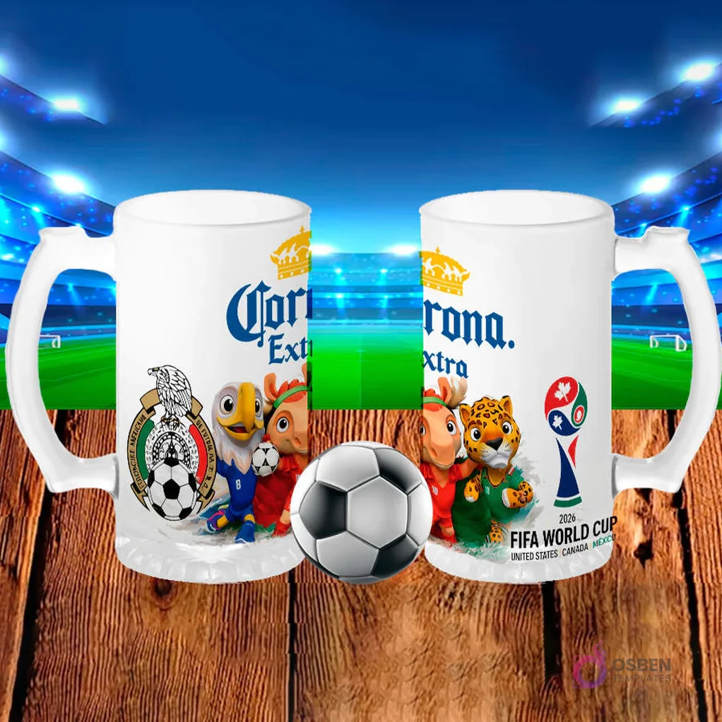 Par de tarros cerveceros blancos sublimados con diseños de cerveza Corona Extra y las mascotas del Mundial 2026, con fondo de estadio de fútbol iluminado y cancha verde