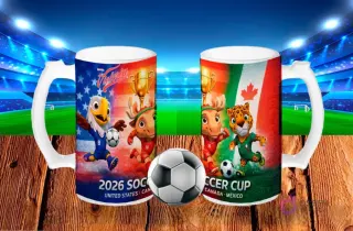 Dos tarros cerveceros blancos sublimados con diseños '2026 Soccer Cup' con banderas de USA, Canadá y México, junto a las mascotas oficiales del Mundial, sobre un fondo de estadio