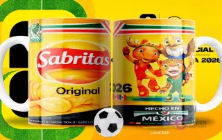 Dos tazas blancas sublimadas con diseños de Sabritas Original y las mascotas del Mundial 2026, con un fondo amarillo que simula un campo de fútbol y una pelota en primer plano