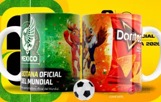 Par de tazas blancas sublimadas con diseños de Doritos Nacho Cheese y las mascotas del Mundial 2026, con un fondo amarillo que simula un campo de fútbol y una pelota en primer plano