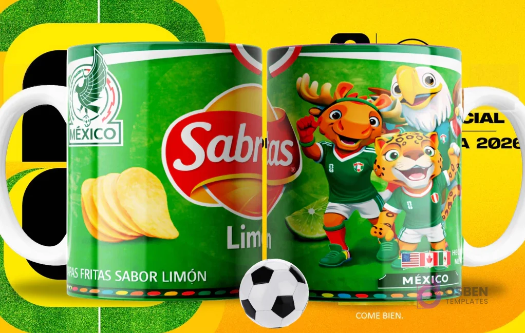 Par de tazas blancas sublimadas con diseños de Sabritas Limón y las mascotas del Mundial 2026, con un fondo amarillo que simula un campo de fútbol y una pelota en primer plano