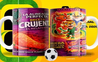 Par de tazas blancas sublimadas con diseños de Sabritas Crujiente Flamin' Hot y las mascotas del Mundial 2026, con un fondo amarillo de campo de fútbol
