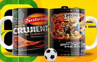 Par de tazas blancas sublimadas con diseños de Sabritas Crujiente El Clavado y las mascotas del Mundial 2026, con un fondo amarillo de campo de fútbol