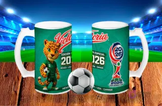 Dos tarros cerveceros blancos sublimados con diseños de cerveza Victoria Edición Especial 2026, presentando el jaguar mascota y el logo FIFA World Cup, sobre fondo de estadio