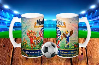 Dos tarros cerveceros blancos sublimados con diseños de cerveza Modelo Especial 'Copa Mundial de la FIFA 2026', presentando a las tres mascotas, sobre fondo de estadio