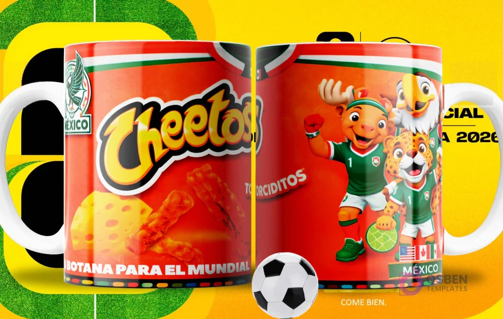 Par de tazas blancas sublimadas con diseños de Cheetos 'Torciditos' y las mascotas del Mundial 2026, con un fondo amarillo que simula un campo de fútbol