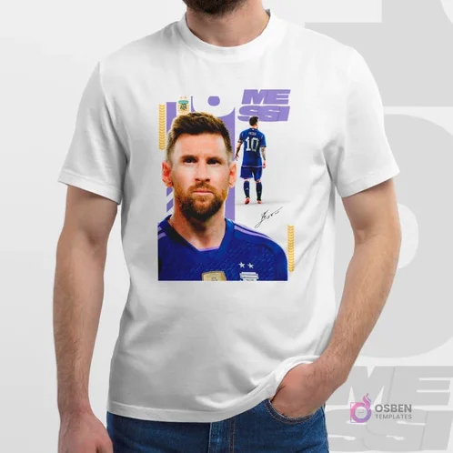 Modelo vistiendo polera blanca con plantilla de sublimación de Lionel Messi con la camiseta alternativa púrpura de Argentina 2022. Expresión seria, diseño con tonos violetas.