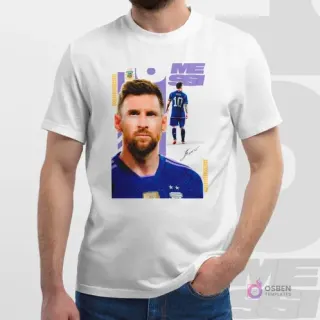Modelo vistiendo polera blanca con plantilla de sublimación de Lionel Messi con la camiseta alternativa púrpura de Argentina 2022. Expresión seria, diseño con tonos violetas.