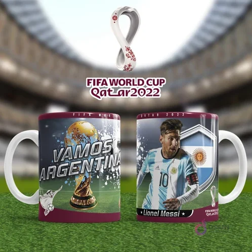 Plantilla sublimación taza Argentina Messi Qatar 2022 con escudo y trofeo