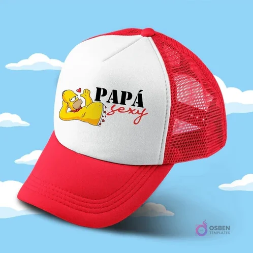 Gorro trucker rojo y blanco sublimado con diseño 'PAPÁ sexy' y Homer Simpson tumbado, ideal regalo Día del Padre.