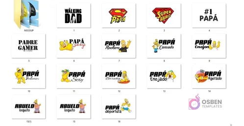 Muestra de las 16 plantillas PNG para sublimar gorros del Día del Padre, incluyendo diseños con Homer Simpson, The Walking Dad, Super Papá y #1 Papá, junto con icono de mockups.