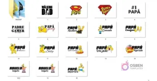 Muestra de las 16 plantillas PNG para sublimar gorros del Día del Padre, incluyendo diseños con Homer Simpson, The Walking Dad, Super Papá y #1 Papá, junto con icono de mockups.